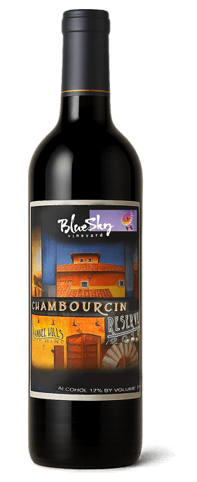 Blue Sky Vineyard Chambourcin Reserve wine bottle.